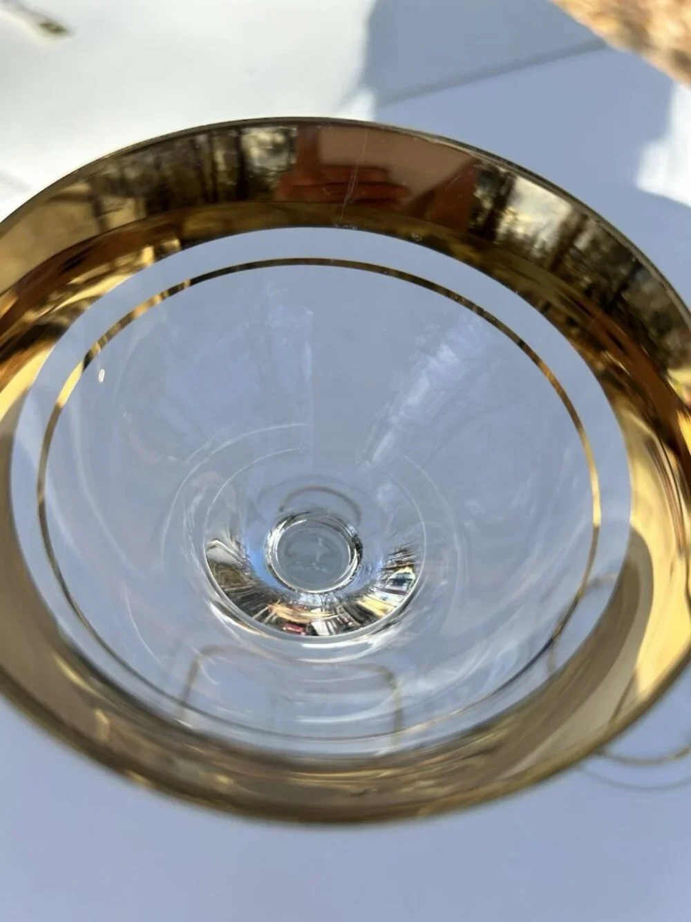 Vintage Set of Two Large Blown Glass Champagne Coupe Wide Gold Rim Glasses MCM
